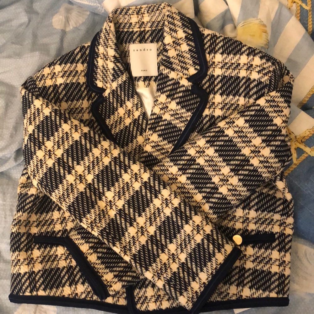 Sandro Cropped jacket in Navy/Taupe, brand-new, 34